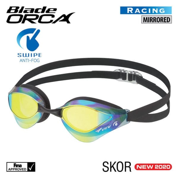 This image portrays VIEW SWIPE V230ASAMC Blade ORCA (Mirrored) Racing Goggles by Scuba Show | June 3 & 4, 2023.