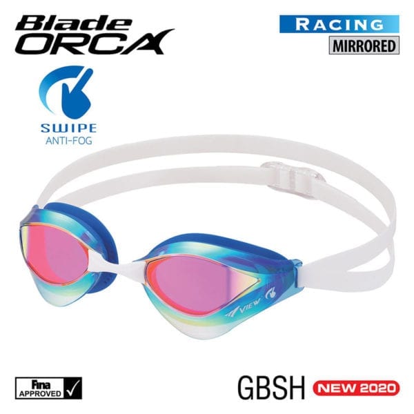 This image portrays VIEW SWIPE V230ASAMC Blade ORCA (Mirrored) Racing Goggles by Scuba Show | June 1 & 2, 2024.