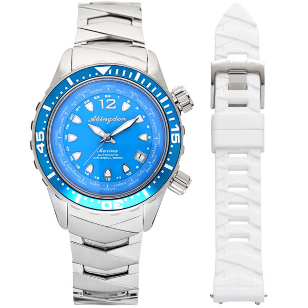 This image portrays Abingdon Watch Company - Marina Dive Watch w/ Extra Silicone Strap in Bahama Blue by Scuba Show | June 1 & 2, 2024.
