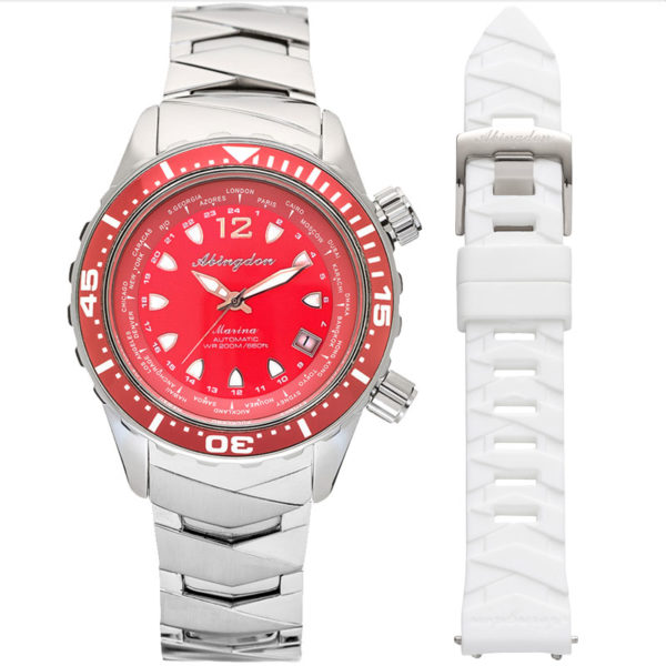 This image portrays Abingdon Watch Company - Marina Dive Watch w/ Extra Silicone Strap - Reef Red by Scuba Show | June 3 & 4, 2023.