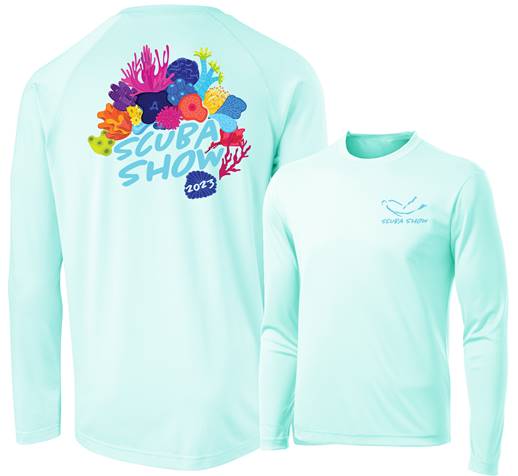 This image portrays 2023 Scuba Show Performance Long Sleeve Shirt - Seafoam, Women's Extra Small (V-neck) by Scuba Show | June 1 & 2, 2024.